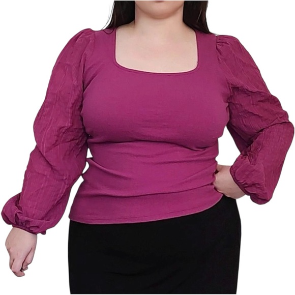 Ava & Viv Tops - Ava & Viv Magenta Fuchsia Long Sleeve Square Neck Blouse Puffy Balloon Sleeves